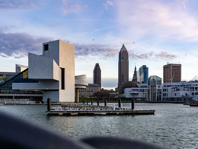 Cleveland skyline along Lake Erie at sunset