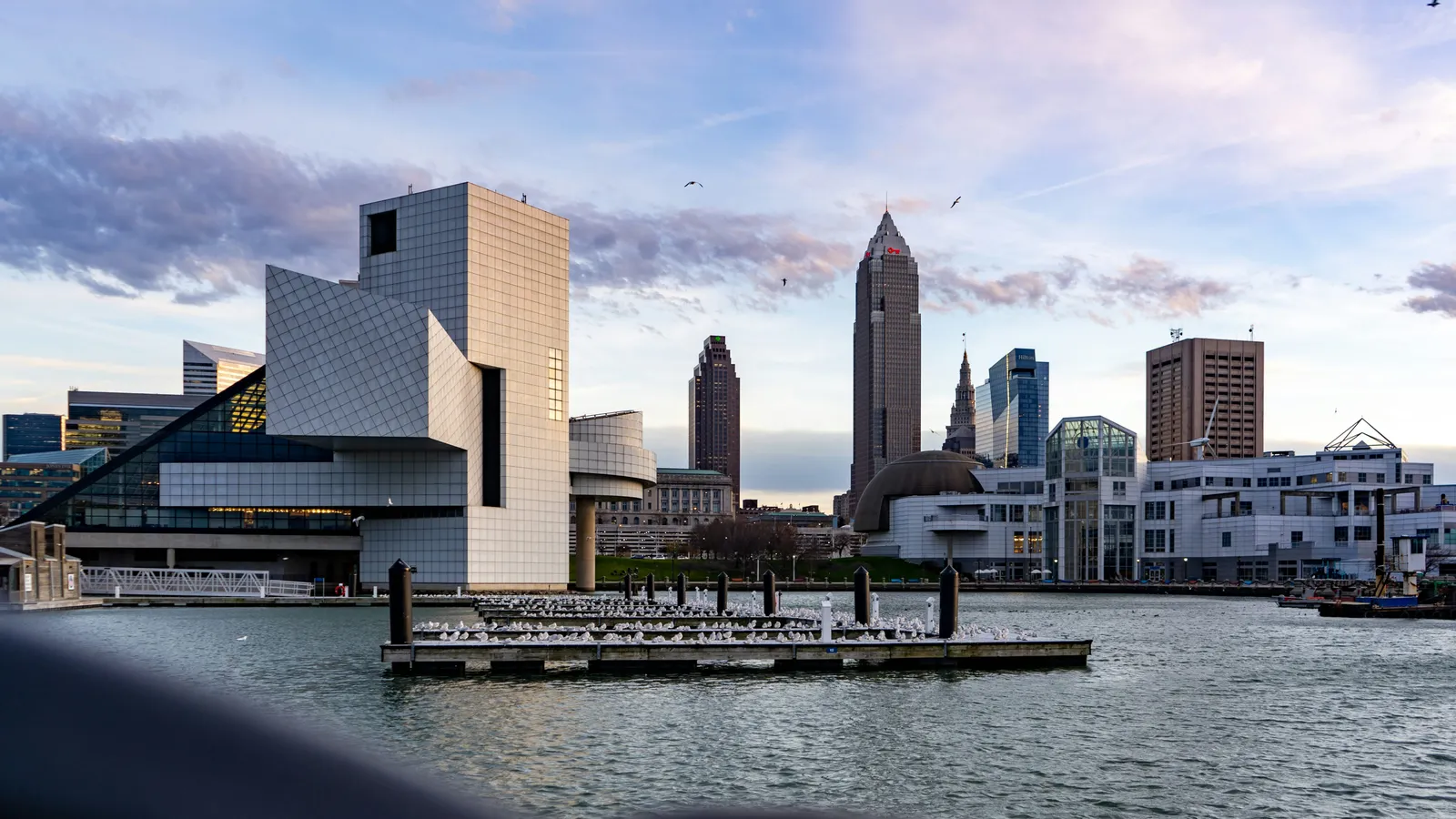Cleveland skyline along Lake Erie at sunset