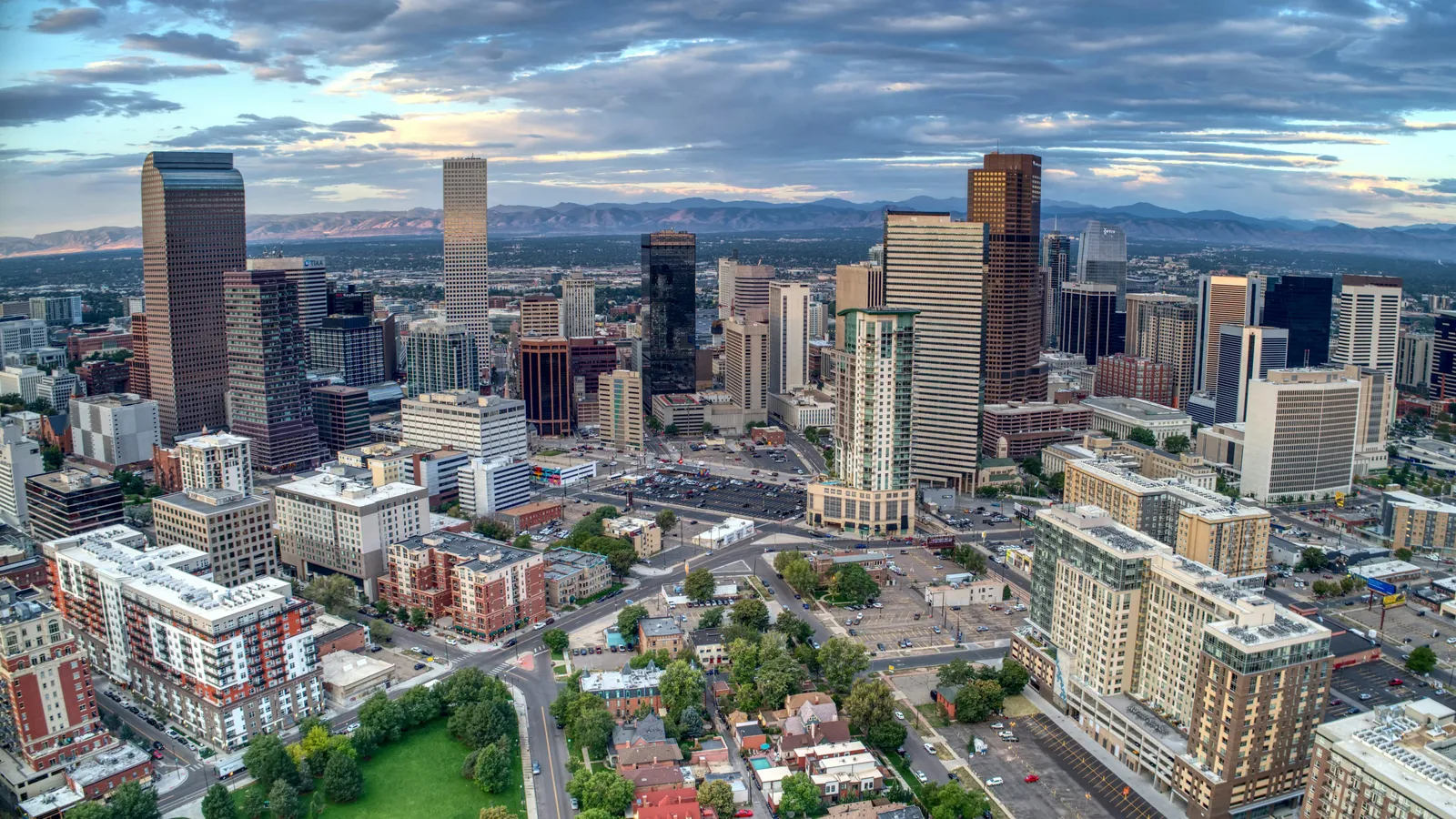 Denver skyline with Rocky Mountains in background