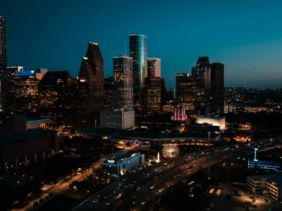 Houston skyline at dusk from Buffalo Bayou Park