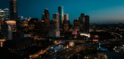 Houston skyline at dusk from Buffalo Bayou Park