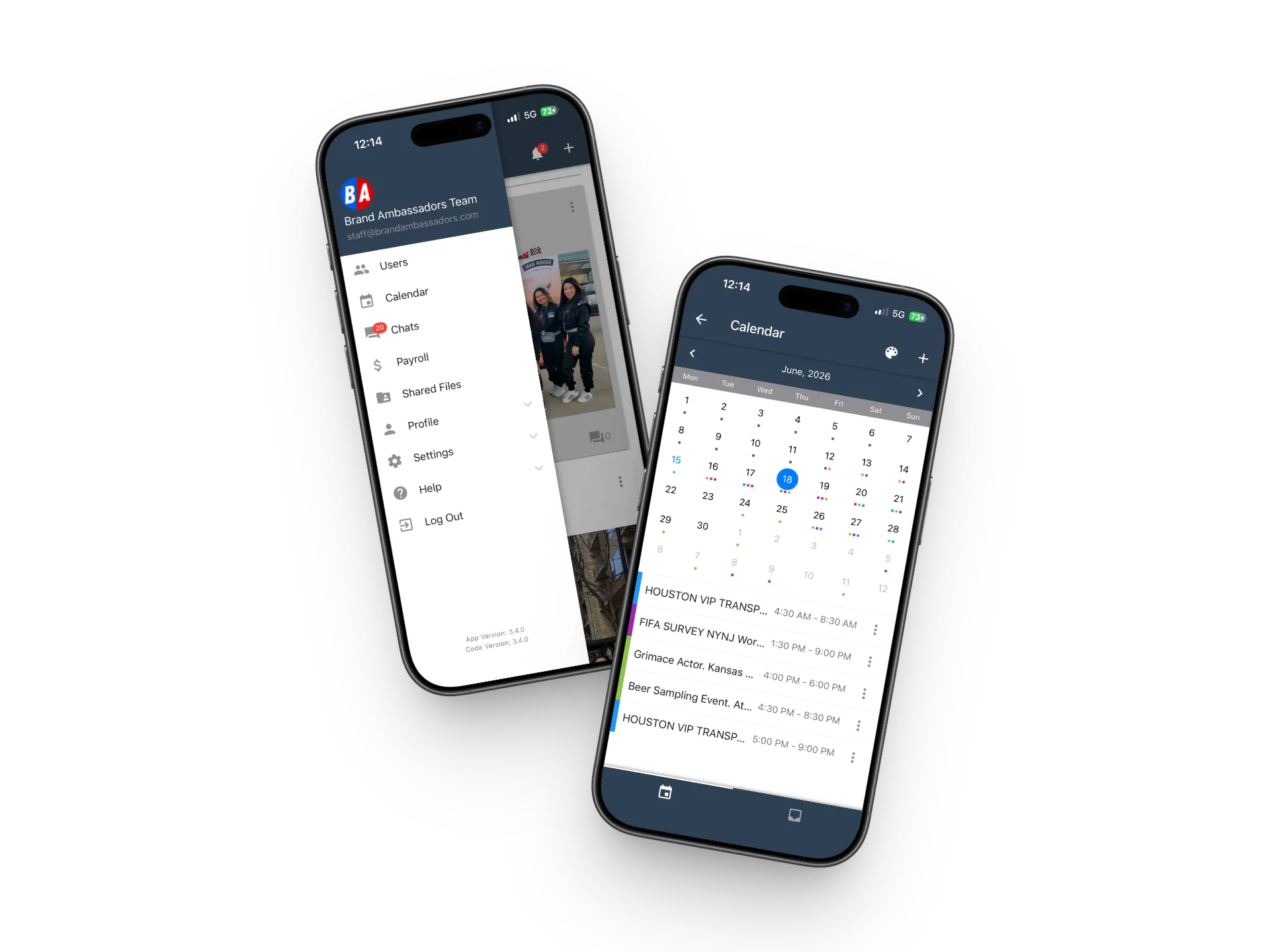 Brand Ambassadors App showing GPS staff tracking, live group chat, and same-day recap dashboard