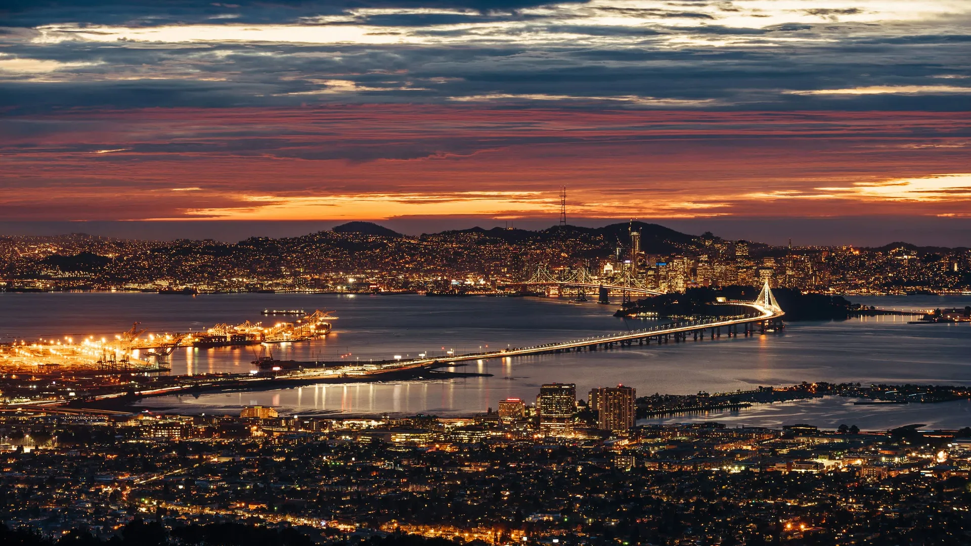 Oakland Bay Bridge lit at night