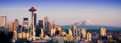 Space Needle with Mount Rainier in background, Seattle