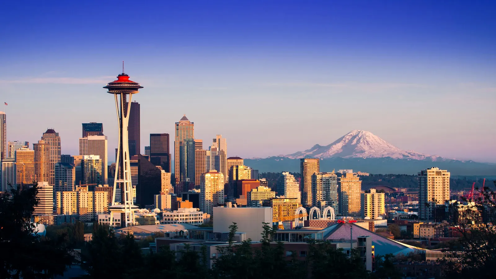 Space Needle with Mount Rainier in background, Seattle