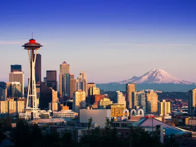 Space Needle with Mount Rainier in background, Seattle